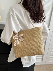 女士休闲沙滩单肩包，设计师编织草编旅行包，夏季必备，适合度假、假日、上学、背包等多种场合，大容量，便携，经典休闲，适合青少年、女性、大学生、上班族女性，也适合工作、返校、中学、高中、大学、度假、海滩等场合，吸睛夏季沙滩包，女士夏季草编沙滩包 - 卡其色 - 查看 2