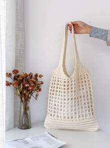 Large Capacity Crochet Shoulder Bag Resort Casual Hand Woven Hand Bill Of Lading Shoulder Bag - Beige - View 1