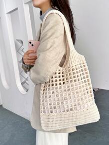 Large Capacity Crochet Shoulder Bag Resort Casual Hand Woven Hand Bill Of Lading Shoulder Bag - Beige - View 7