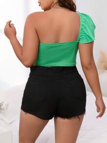SHEIN Privé Plus One Shoulder Ruffle Trim Crop Top - Green - View 2