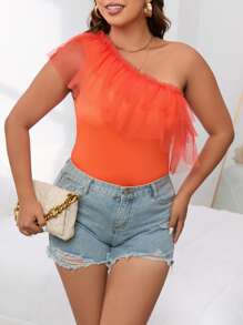 SHEIN Privé Plus One Shoulder Ruffle Trim Top