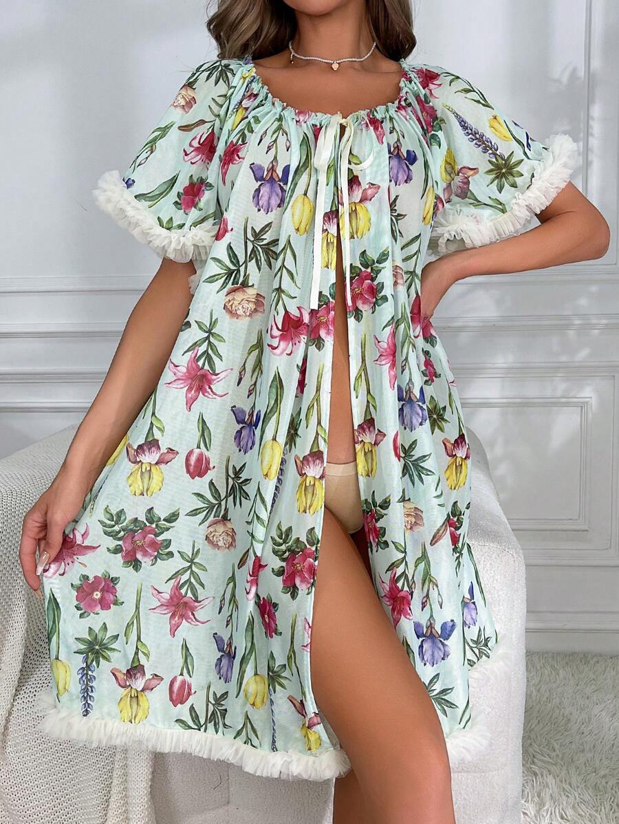 印花前打結網紗拼接邊睡裙 - 薄荷綠 - 查看 1