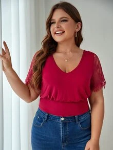 SHEIN Frenchy Plus Contrast Lace Tie Backless Top - Rose Red - View 2