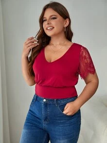 SHEIN Frenchy Plus Contrast Lace Tie Backless Top - Rose Red - View 3