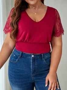 SHEIN Frenchy Plus Contrast Lace Tie Backless Top - Rose Red - View 4