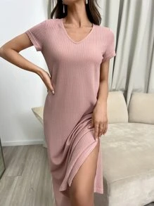 Solid Split Thigh Lounge Dress - Dusty Pink - View 1