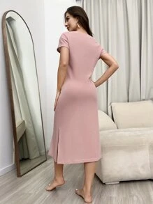 Solid Split Thigh Lounge Dress - Dusty Pink - View 2