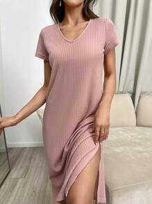 Solid Split Thigh Lounge Dress - Dusty Pink - View 3