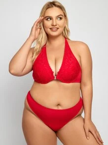 Plus Floral Lace Underwire Lingerie Set - Red - View 1