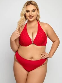 Plus Floral Lace Underwire Lingerie Set - Red - View 4