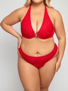 Plus Floral Lace Underwire Lingerie Set - Red - View 5
