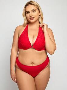 Plus Floral Lace Underwire Lingerie Set - Red - View 6
