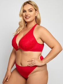 Plus Floral Lace Underwire Lingerie Set - Red - View 7