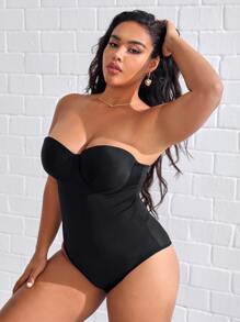 Plus Solid Tube Shapewear Bodysuit - Black - View 1
