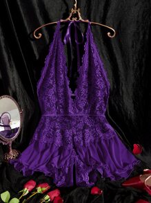 Plus Contrast Lace Mesh Halter Teddy Bodysuit - Purple - View 1