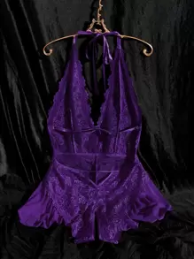 Plus Contrast Lace Mesh Halter Teddy Bodysuit - Purple - View 2