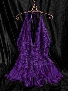 Plus Contrast Lace Mesh Halter Teddy Bodysuit - Purple - View 3