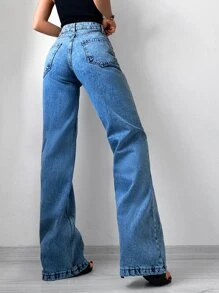 RueChic Zipper Fly Wide Leg Jeans - Medium Wash - View 2