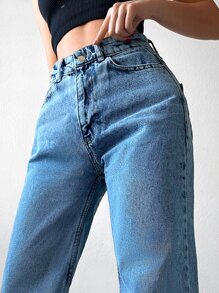 RueChic Zipper Fly Wide Leg Jeans - Medium Wash - View 5