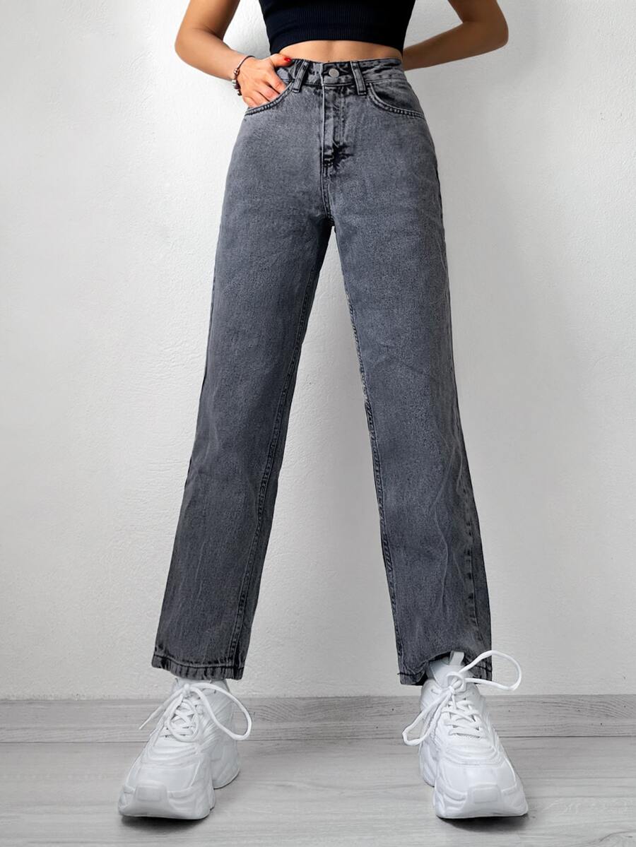 SHEIN PETITE High Waist Straight Leg Jeans - Dark Grey - View 1