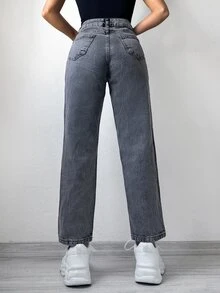 SHEIN PETITE High Waist Straight Leg Jeans - Dark Grey - View 2