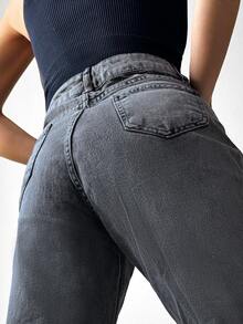 SHEIN PETITE High Waist Straight Leg Jeans - Dark Grey - View 3