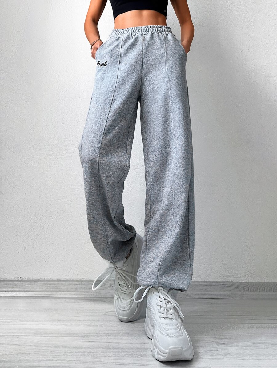 Cottnline Letter Graphic Elastic Waist Joggers - Grey - View 1
