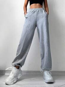 Cottnline Letter Graphic Elastic Waist Joggers - Grey - View 5