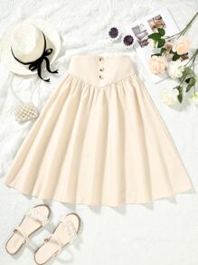 Chicas Falda amplia con botón delantero - Caqui - Ver 1