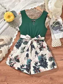 女孩熱帶圖案鎖眼領腰帶背心連體短褲 - 彩色 - 查看 1