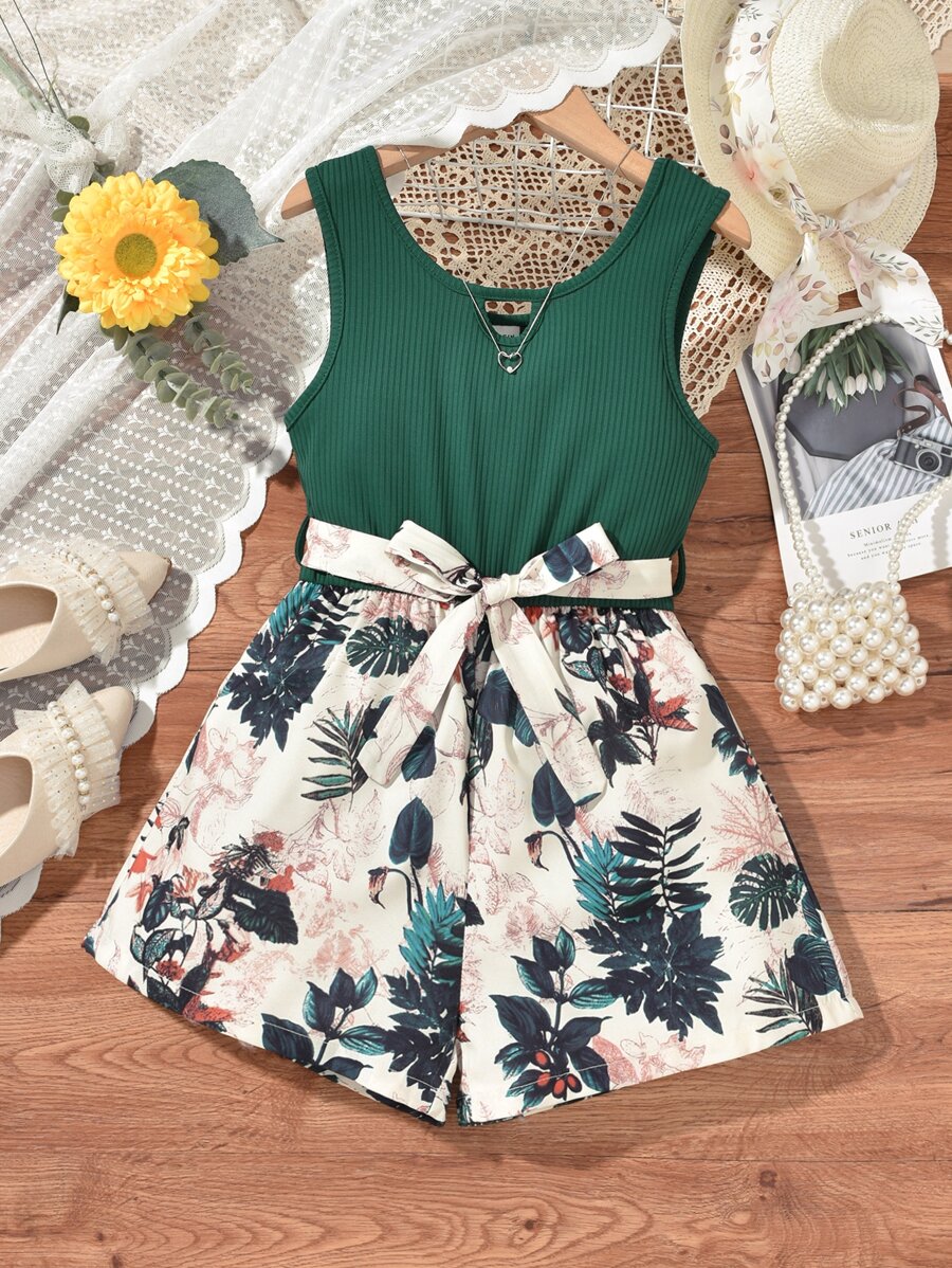 女孩熱帶圖案鎖眼領腰帶背心連體短褲 - 彩色 - 查看 1