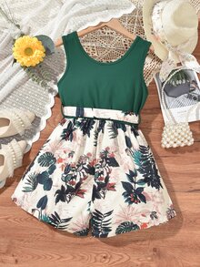 女孩熱帶圖案鎖眼領腰帶背心連體短褲 - 彩色 - 查看 2