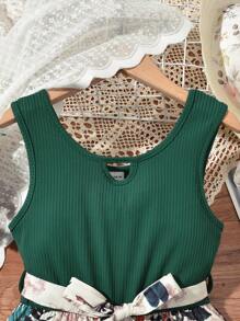 女孩熱帶圖案鎖眼領腰帶背心連體短褲 - 彩色 - 查看 3