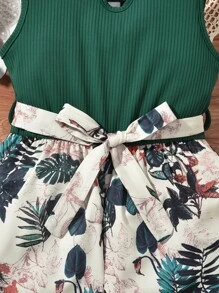 女孩熱帶圖案鎖眼領腰帶背心連體短褲 - 彩色 - 查看 4