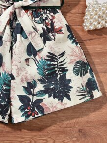 女孩熱帶圖案鎖眼領腰帶背心連體短褲 - 彩色 - 查看 5