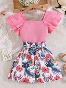 Tween Girl Ruffle Trim Tee & Tropical Print Belted Shorts - Multicolor - View 1