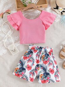 Tween Girl Ruffle Trim Tee & Tropical Print Belted Shorts - Multicolor - View 2