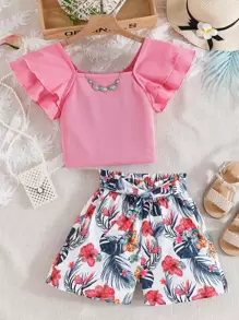 Tween Girl Ruffle Trim Tee & Tropical Print Belted Shorts - Multicolor - View 4