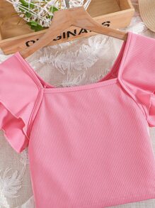 Tween Girl Ruffle Trim Tee & Tropical Print Belted Shorts - Multicolor - View 5