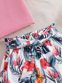 Tween Girl Ruffle Trim Tee & Tropical Print Belted Shorts - Multicolor - View 7