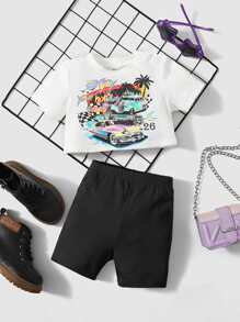 SHEIN 嬰兒汽車和標語圖案T恤和短褲 - 黑與白 - 查看 1