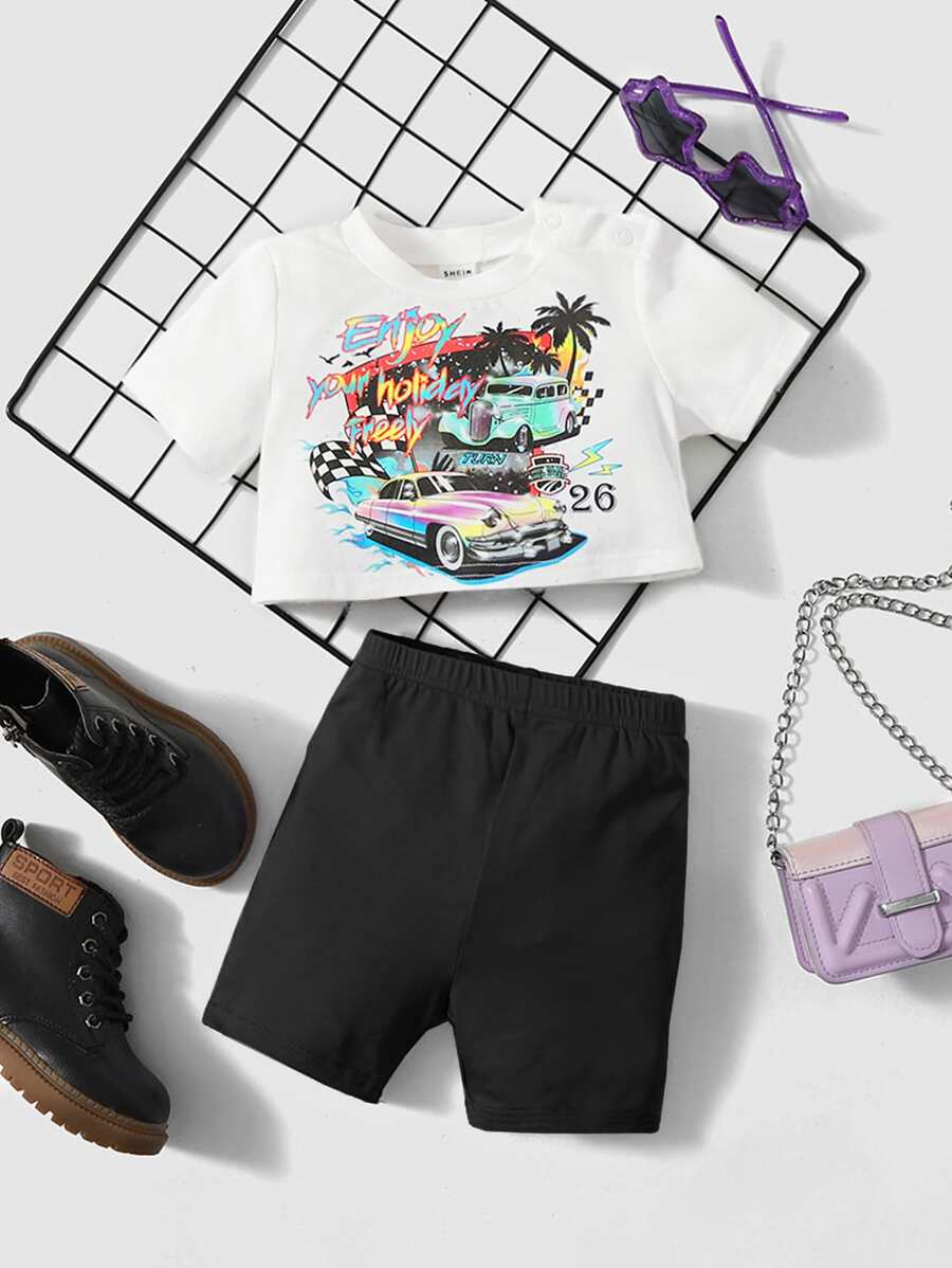 SHEIN 嬰兒汽車和標語圖案T恤和短褲 - 黑與白 - 查看 1
