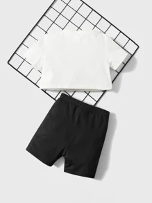 SHEIN 嬰兒汽車和標語圖案T恤和短褲 - 黑與白 - 查看 2