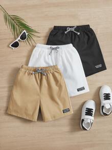 SHEIN Young Boy 3pcs Letter Patched Detail Drawstring Waist Shorts - Khaki - View 1