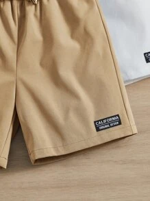 SHEIN Young Boy 3pcs Letter Patched Detail Drawstring Waist Shorts - Khaki - View 3