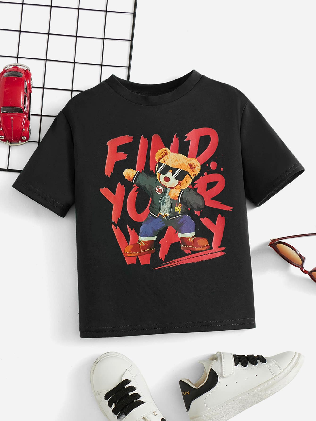 SHEIN Toddler Boys Bear & Slogan Graphic Tee - Black - View 1