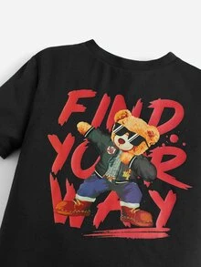 SHEIN Toddler Boys Bear & Slogan Graphic Tee - Black - View 4