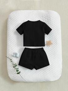 SHEIN 嬰兒女孩新生兒字母拼湊細節窳紮針織 T 恤和短褲 - 黑色 - 查看 2