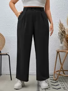 SHEIN Essnce Plus High Waist Plicated Detail Straight Leg Trousers - Black - View 1