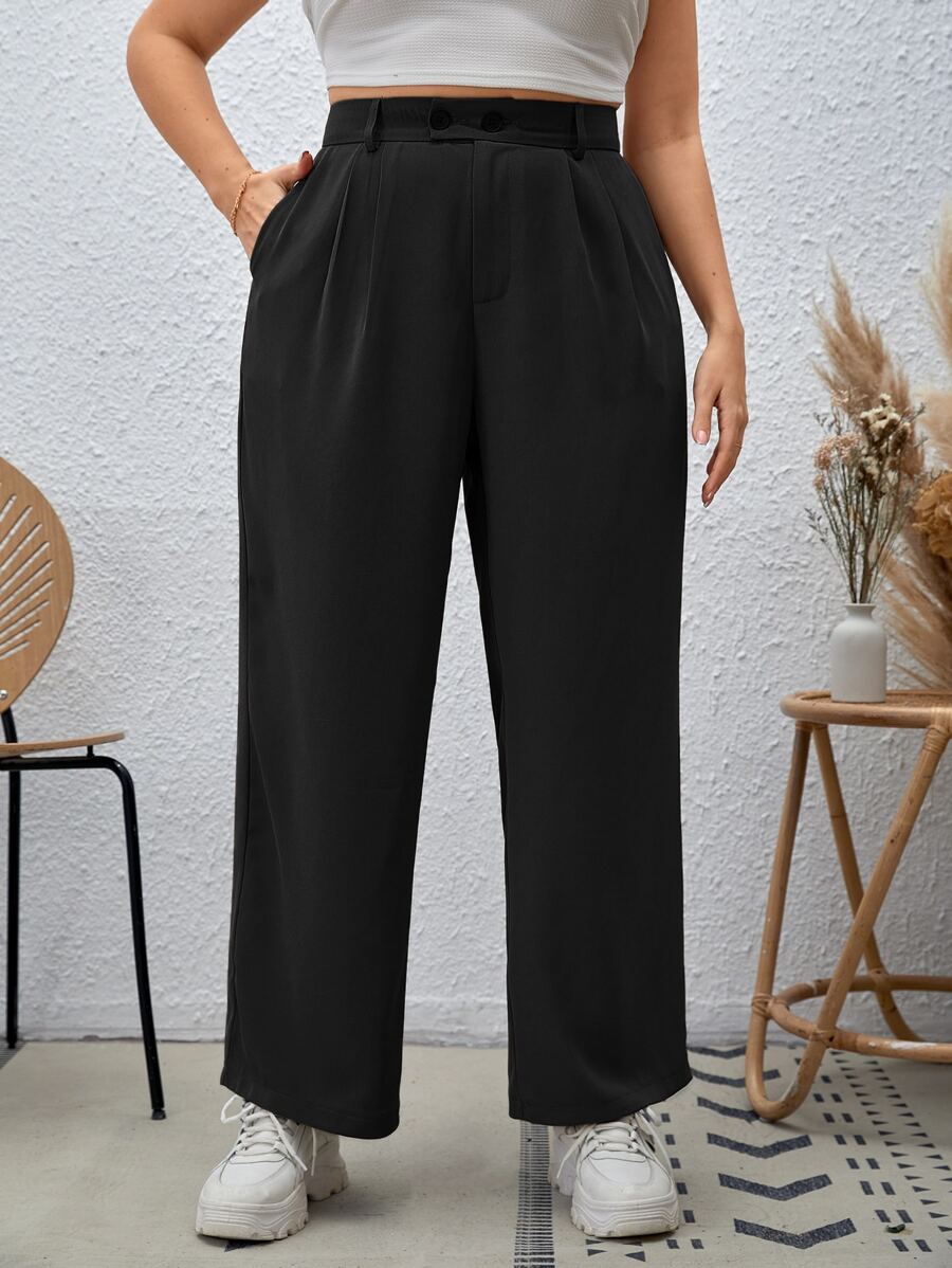 SHEIN Essnce Plus High Waist Plicated Detail Straight Leg Trousers - Black - View 1